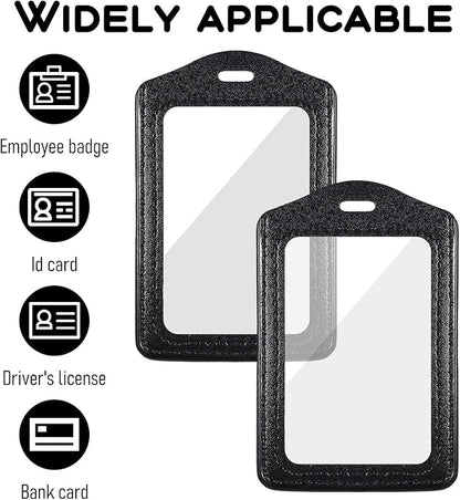 Genuine Leather ID Badge Holders, 2Pcs Leather Badge Holder with Double Side Clear Window, Vertical ID Card Holders, Waterproof Name Badge Holder for Students, Staff, Office, Employees, Black