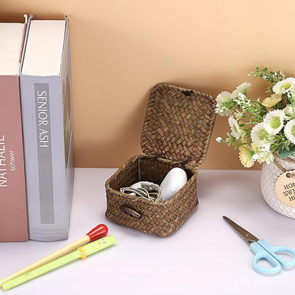 Hipiwe Mini Seagrass Basket Wicker Shelf Baskets with Lid Small Decorative Box Natural Storage Basket for Organizing Key Candy, Home Decor, 3.5"L x 3.5"W x 2"H