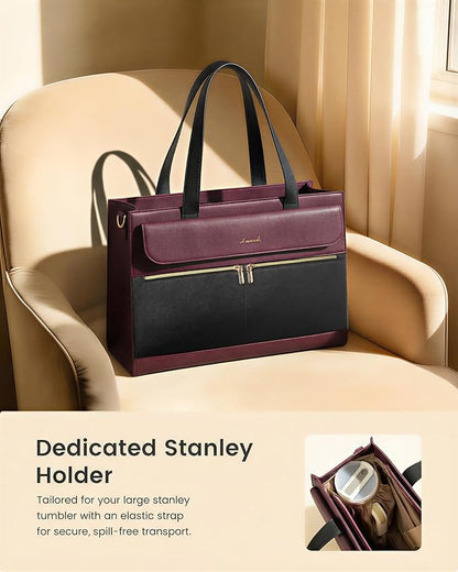 LOVEVOOK Laptop Tote for Women - 15.6 Inch Professional PU Leather Computer Briefcase, Waterproof Handbag, Large Capacity Business Teacher Office Bag with Large Tumbler Pocket, Crossbody Purse