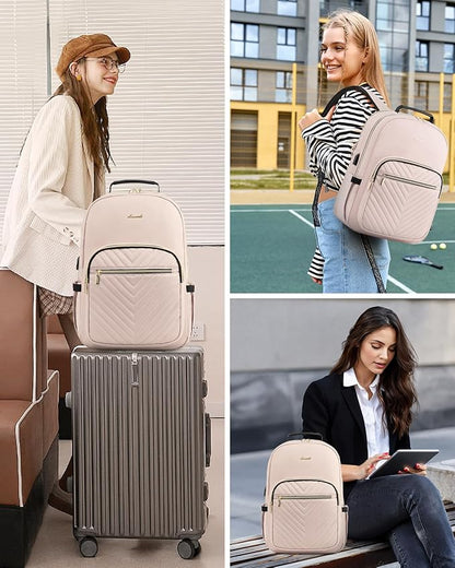 LOVEVOOK Laptop Backpack Purse for Women, Work Travel Computer Bags, College School Backpack for Student Girl, Quilted Casual Daypack with USB Port, Fit 15.6 Inch Laptop, Antiquewhite