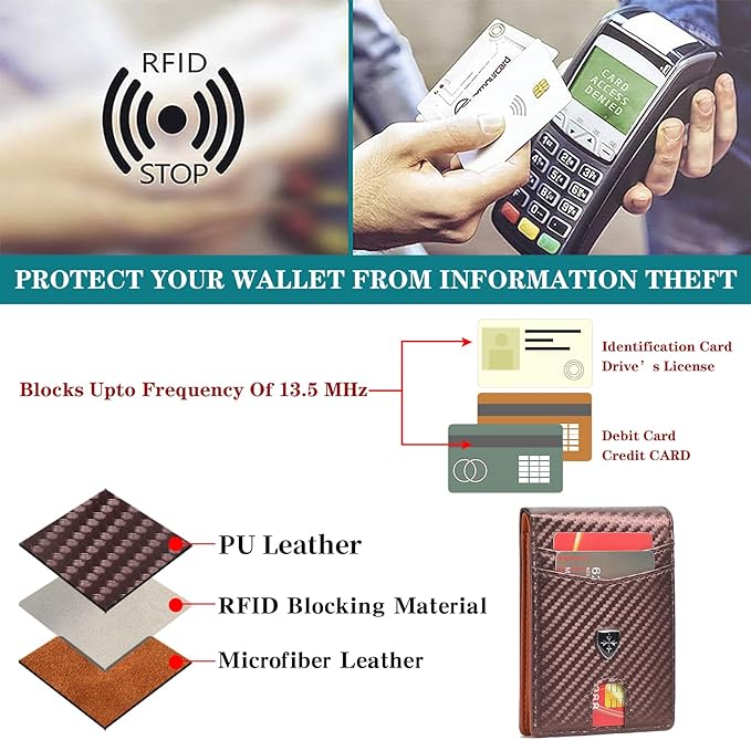 Mens Wallet Leather Credit Card Holder Slim Bifold RFID Blocking Front Pockets Minimalist Wallets for Men with ID Window