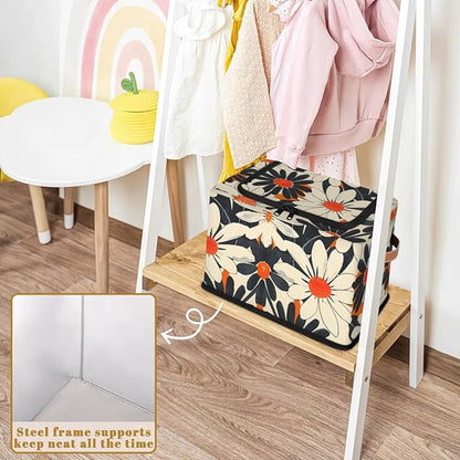 Orange Flowers Storage Bins With Zipper Lid, Collapsible Trunk Organizer, Car Organizers and Storage Bins with Lids, Decorative Storage Boxes with Handle, Home Storage Baskets for Organizing