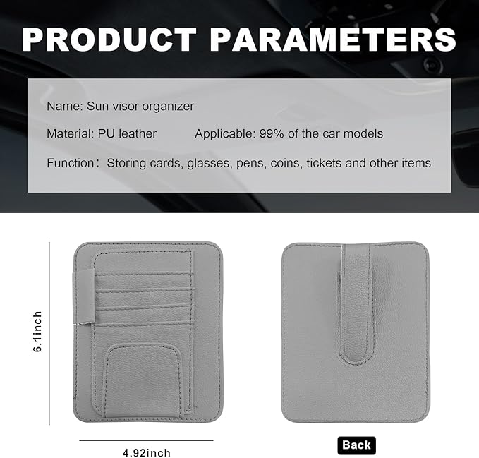 Dickno Small Leather Car Sun Visor Organizer, Multifunctional Auto Visor Document Holder with Sunglasses Clip, Universal Car Interior Organizer for Drving License, Card, Pen (Gray)