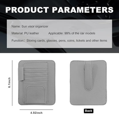Dickno Small Leather Car Sun Visor Organizer, Multifunctional Auto Visor Document Holder with Sunglasses Clip, Universal Car Interior Organizer for Drving License, Card, Pen (Gray)
