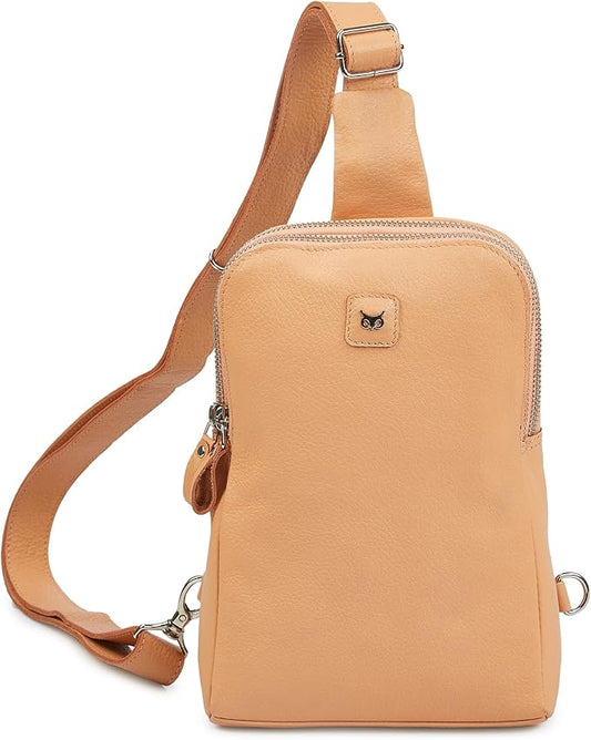 Leather Sling Bag for Women Genuine Crossbody Purse Small Trendy Cross Over Chest with Phone and Credit Card Slots (Peach Nappa)