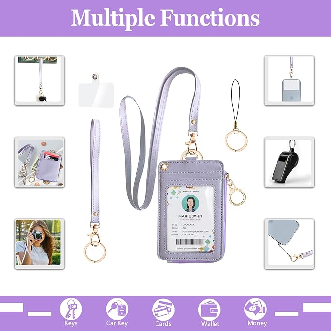 bolimoss 2-in-1 ID Badge Holder & Lanyard Wallet, Leather ID Name Badge with Side Zip Pocket for Teacher, Women Small Wallet with Removable Wristlet & Neck Lanyard, Clear Window, 5 Card Slots,Purple