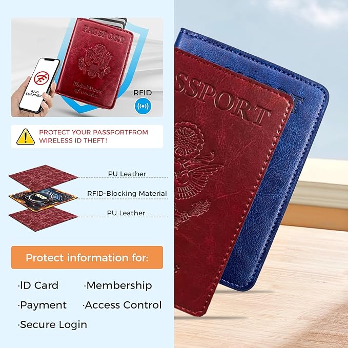 Passport Holder for Travel Essentials RFID Blocking Wallet Card Case PU Leather Passport Cover Women and Men (Black)