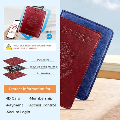 Passport Holder for Travel Essentials RFID Blocking Wallet Card Case PU Leather Passport Cover Women and Men (Navy)