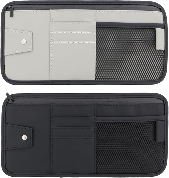 panthra 2pcs Car Visor Organizer, Sun Visor Organizer, Sunvisor Soft Leather Surface Eyeglasses Note Card Holder Car Storage Bag Suitable for Most Vehicles, Suv and Trucks Keep Clean (Black+Gray)
