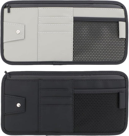 panthra 2pcs Car Visor Organizer, Sun Visor Organizer, Sunvisor Soft Leather Surface Eyeglasses Note Card Holder Car Storage Bag Suitable for Most Vehicles, Suv and Trucks Keep Clean (Black+Gray)
