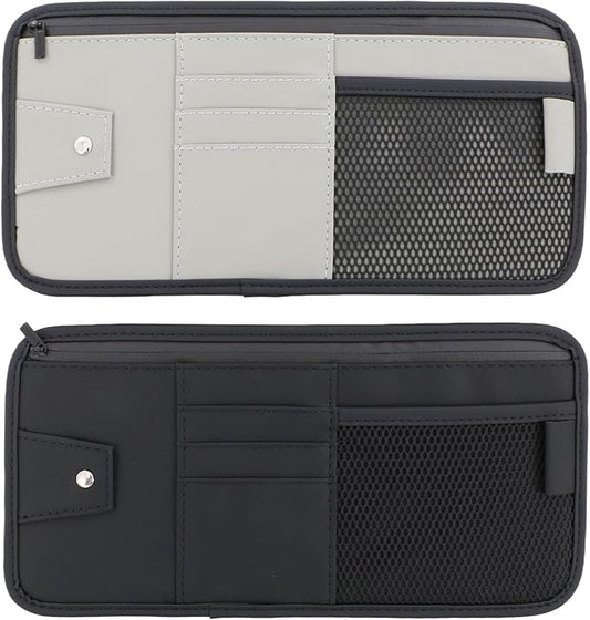 panthra 2pcs Car Visor Organizer, Sun Visor Organizer, Sunvisor Soft Leather Surface Eyeglasses Note Card Holder Car Storage Bag Suitable for Most Vehicles, Suv and Trucks Keep Clean (Black+Gray)