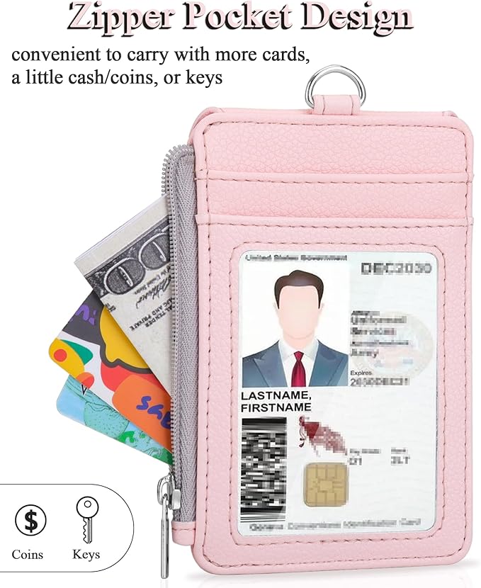Teskyer Badge Holder with Side Zip Pocket, Multiple Card Slots Leather ID Holder Wallet with Neck Lanyard for Office Staffs, School, Workers, Cruise Cards, Metro Cards, Lichee Light Pink