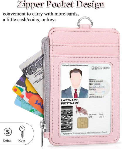 Teskyer Badge Holder with Side Zip Pocket, Multiple Card Slots Leather ID Holder Wallet with Neck Lanyard for Office Staffs, School, Workers, Cruise Cards, Metro Cards, Lichee Light Pink