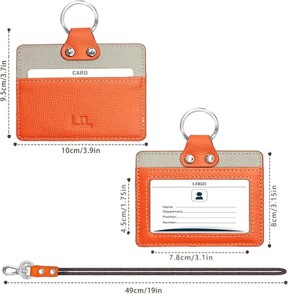 Badge Holder: Boshiho Cowhide Leather ID Badge Card Holder with 19" Neck Lanyard, Horizontal Style (Orange)
