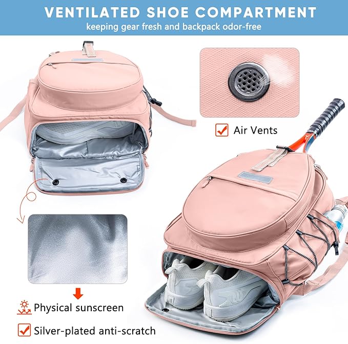 Tennis Backpack with 2 Rackets Holder, Water-Resistant PU Leather Tennis Racket Bag for Women & Men, Sling Crossbody Sports Backpack for Tennis, Pickleball & Badminton, Tennis Gifts