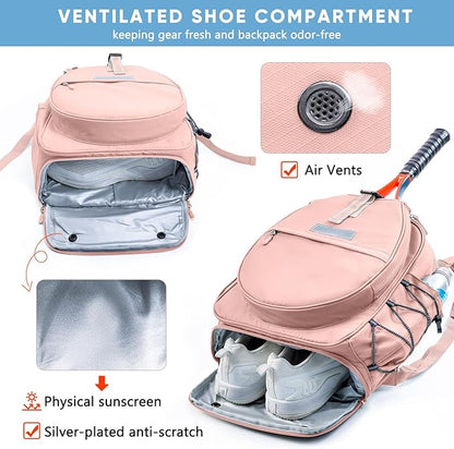 Tennis Backpack with 2 Rackets Holder, Water-Resistant PU Leather Tennis Racket Bag for Women & Men, Sling Crossbody Sports Backpack for Tennis, Pickleball & Badminton, Tennis Gifts
