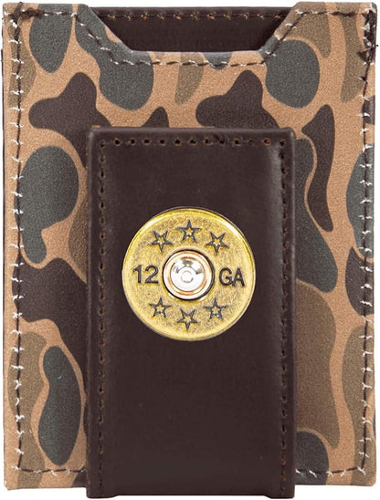 ZEP-PRO Shotshell Men's Magnetic Front Pocket Old School Camo Leather Wallet – Slim Design with Card Slots and Money Clip, Brown/Tan Camo