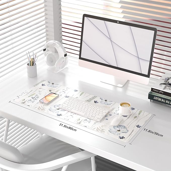 QiyI Large Mouse Pad for Desk, Floral Desk Mat for Desktop, Women Girls Office Décor Desk Accessories, PU Leather Waterproof Gaming Mousepad, Watercolor Flowers Desk Pad Computer Mat, 31.5" x 11.8"