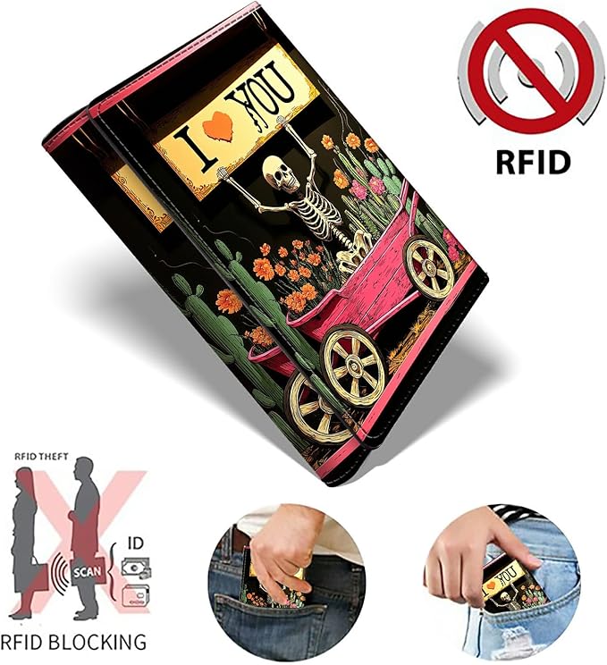 Minimalist Wallet for Men's Card Holders, Pop-Up Card Case Durable Wallets for Women, Leather Automatic Credit Card Holder with Metal Money Clip RFID Blocking Bifold Pocket, Red Car Skull