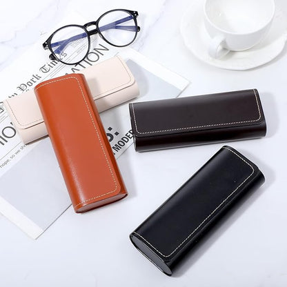 Lemecima 12 Pack Leather Glasses Case Hard Shell, Premium Eyeglasses Storage Organizer with Secure Buckle Closure for Sunglasses, Reading Glasses, Frames - 4 Colors (Black, Maroon, Brown, Beige)