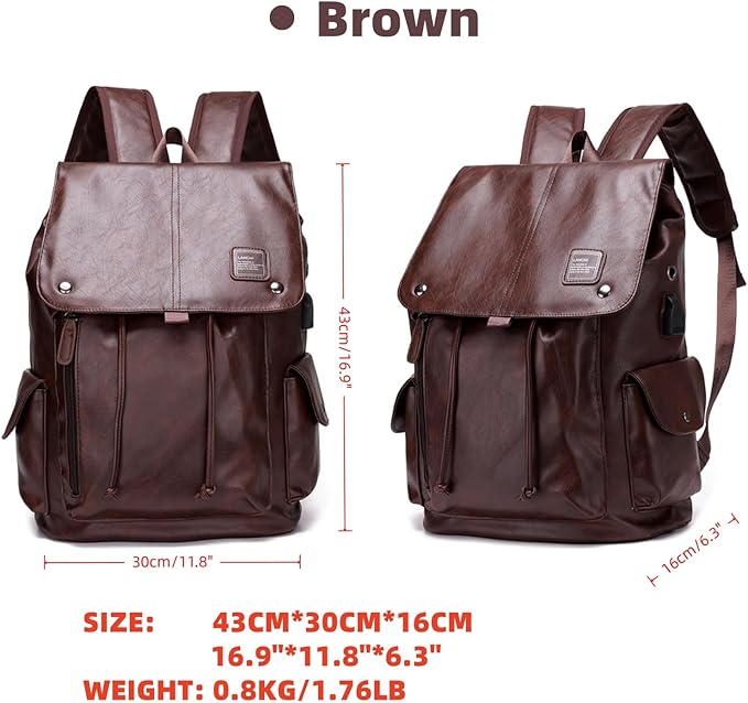 Soft leather backpack, casual PU backpack men women. USB charging port. Suitable for work, commuting, traveling, etc. Waterproof. (Brown)