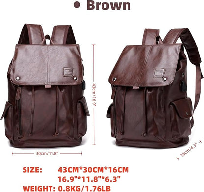 Soft leather backpack, casual PU backpack men women. USB charging port. Suitable for work, commuting, traveling, etc. Waterproof. (Brown)