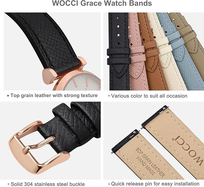 WOCCI 16mm Grace Watch Band for Ladies, Top Grain Leather, Quick Release Replacement Strap with Rose Gold Buckle (Black)