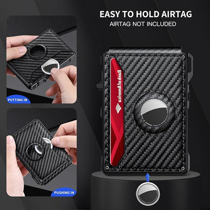 Airtag Wallet for Men, Mens Smart Wallet for Air Tag RFID Blocking, Minimalist Bifold Pop Up Aluminum Credit Card Case Holder 12+ Cards with ID Window, Gift for Men, No Airtag Included, Carbon Orange
