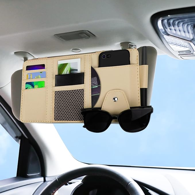 Car Sun Visor Organizer, Leather Pocket Organizer Sunglass Holder for Car Interior Accessories with Multi-Pocket Net Zipper, Beige