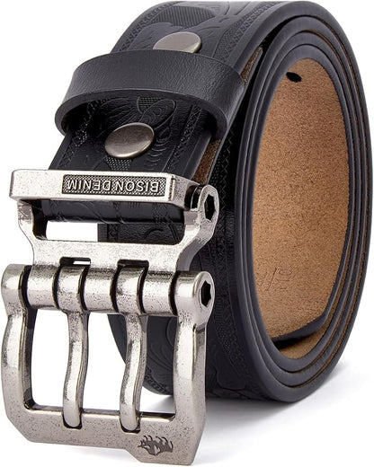 BISON DENIM Men's Belts Leather Dress Genuine Leather Classic Heavy Duty Buckle Belt Casual for Jeans