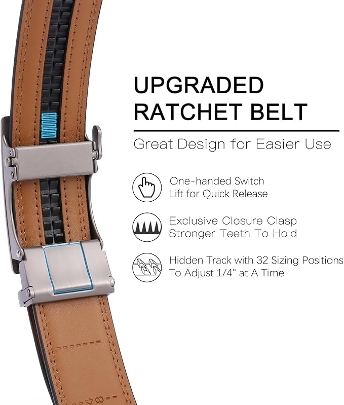 GAEKEAO Mens Belt Leather Micro-Adjust Buckle Ratchet Belts for Men Dress Casual to Formal Trim to Fit with Gift Box (35mm)