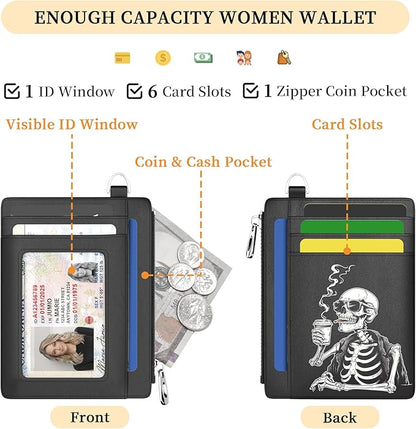 Hancynir Slim Wallet Women Credit Card Holder, Skull Skeleton RFID Blocking Small Mini Card Wallets, Funny Front Pocket PU Leather Card Case, Thin Travel Zipper Coin Cash Ladies Female Wallet Gifts