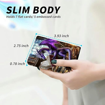 Minimalist Wallet for Men's Card Holders, Pop-Up Card Case Durable Wallets for Women, Leather Automatic Credit Card Holder with Metal Money Clip RFID Blocking Bifold Pocket, Purple Dragon Book