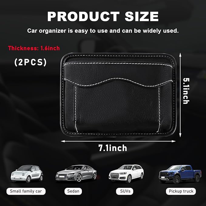 povtii 2 PCS Car Seat Side Pocket Organizer, PU Leather Cell Phone Sunglasses Storage Pocket, Mini Seat Gap Filler Pouch for Auto Seat Door Window Console, Interior Car Accessories (Black)