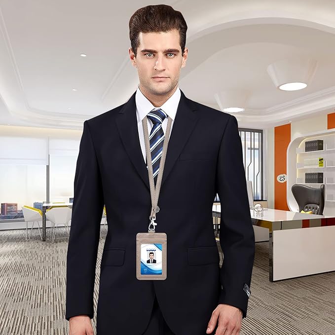 PU Leather ID Badge Holder, Life-Mate ID Badge Holder with 1 Clear ID Window 1 Credit Card Slot and PU Leather Lanyard for Badge Credit Cards College ID Cards in Blonde