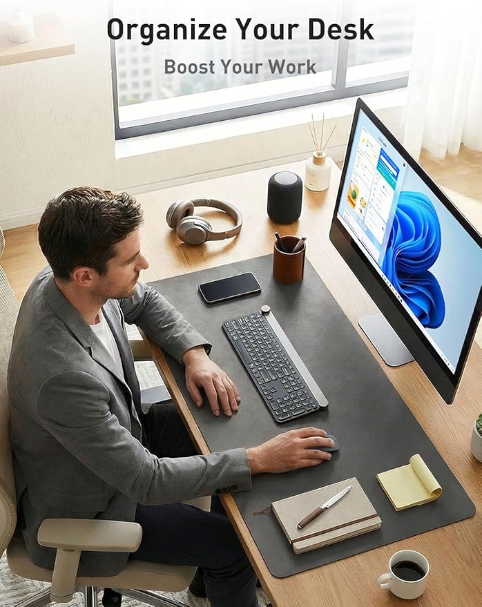 Aothia Faux Leather Desk Mat - Non-Slip PU Leather Desk Blotter, Waterproof Writing Surface, Large Desk Pad for Office & Home (Grey, 55" x 17")
