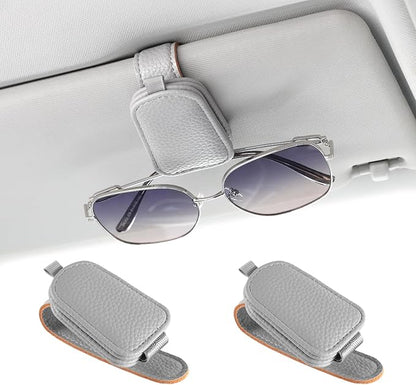 JUSTTOP 2 Pack Sunglasses Holders for Car, Magnetic Leather Buckle Sun Visor Sunglass Clip, Ticket Card Clip Sunglasses Mount, Car Interior Accessories for Men and Women (Gray)