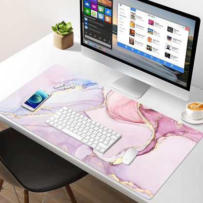 Large Mouse Pad, Desk Mat for Desktop, Dual Side PU Leather Waterproof Gaming Mousepad Desk Pad, Desk Protector Writing Pads Desk Accessories for Office and Home (A-Pink Marble, 35.5''X15.8'')