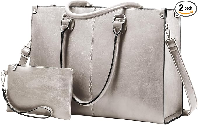 LOVEVOOK Laptop Tote Bag for Women, 15.6 Inch Large Capacity Vintage Leather Work Computer Bag, Business Casual Shoulder Handbag, Smoke Gray