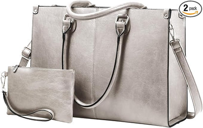 LOVEVOOK Laptop Tote Bag for Women, 15.6 Inch Large Capacity Vintage Leather Work Computer Bag, Business Casual Shoulder Handbag, Smoke Gray