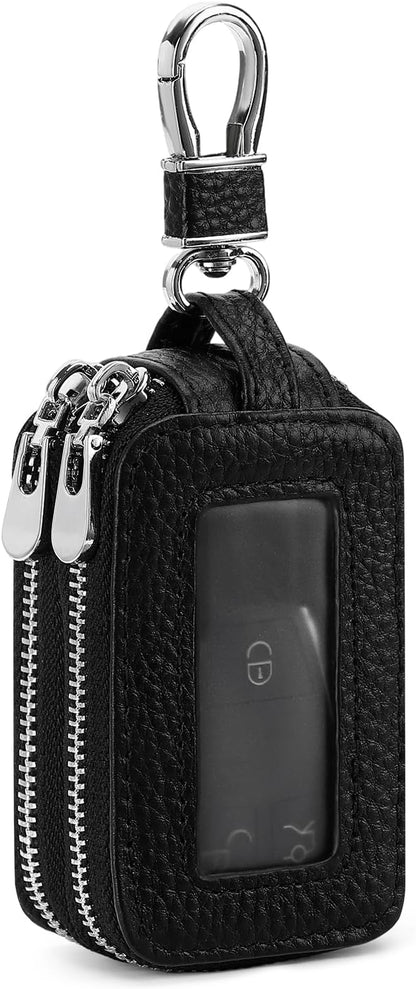 SENDEFN Car Key Fob Case Double Zipper Leather Smart Remote Keychain Protector Holder with Transparent Window