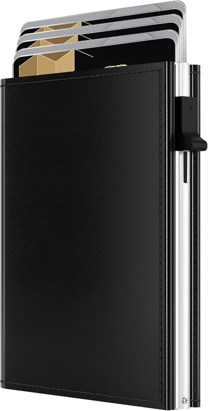 QLD Mens Wallet Card Holder - RFID Blocking Wallet for Men, Pop Up Aluminum Case, Trifold, Leather, Smart, Slim, Minimalist, Front Pocket - 9-11 Card Capacity | ID Window | Cash Slot