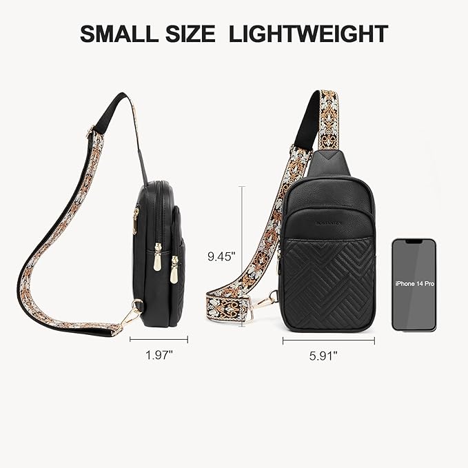 BOSTANTEN Sling Bag Quilted Crossbody Bags for Women Cross Body Purse Leather Fanny Pack with Adjustable Guitar Strap