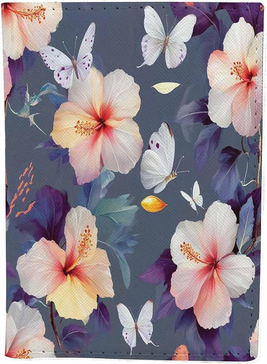 Art Floral Passport Holder for Travel White Flowers and Butterflies Blue PU Leather Passport Cover Wallet Cute Passport Card Holder for Women and Men