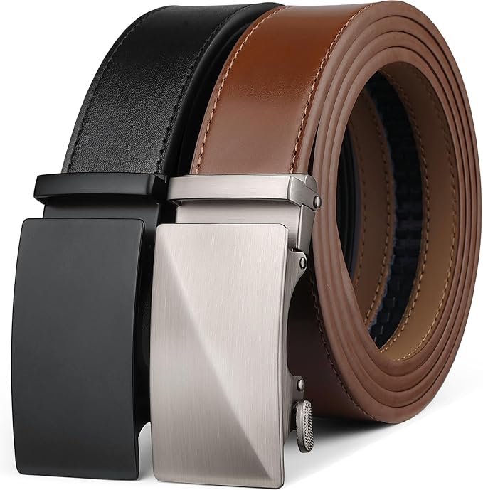 Founders & C Mens Belt 2 Pack,Leather Ratchet Click Belt Dress with Slide Buckle 1 3/8" in Gift Set Box- Size Adjustable