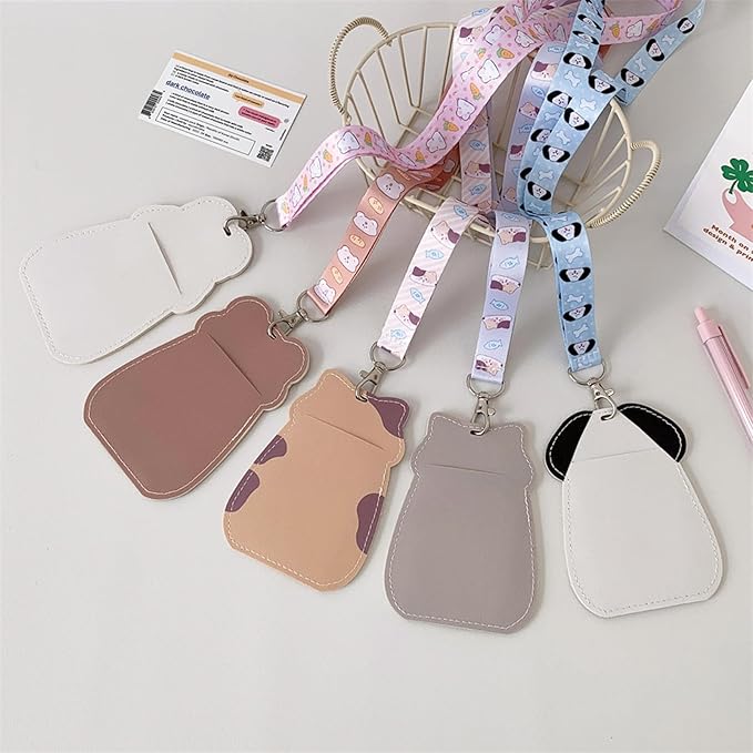 Cute Cat Badge Holder Lanyard Cartoon Kitten ID Card Holder Kawaii ID Badge Keys Lanyard Strap Neck Lanyard PU Leather Badge Holder for Women Girls Boys (Cat-2)