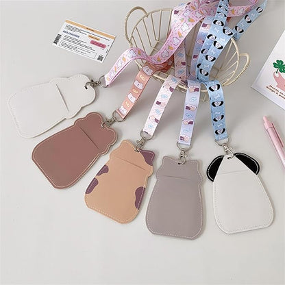 Cute Badge Holder Lanyard Cartoon Cat ID Card Holder Kawaii ID Badge Keys Lanyard Strap Neck Lanyard PU Leather Badge Holder for Women Girls Boys (Cat-1)