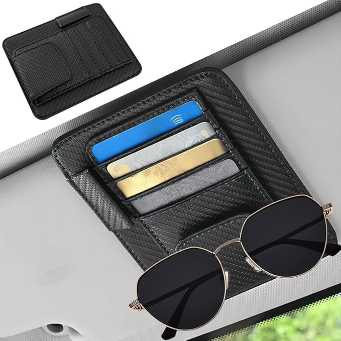 Car Sun Visor Organizer, PU Leather Vehicle Visor Document Storage Pocket for Sunglass Card Pen, Multifunctional Automotive Interior Holder Accessories, Universal Fit (Carbon Black)