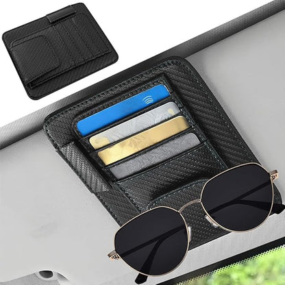 Car Sun Visor Organizer, PU Leather Vehicle Visor Document Storage Pocket for Sunglass Card Pen, Multifunctional Automotive Interior Holder Accessories, Universal Fit (Carbon Black)