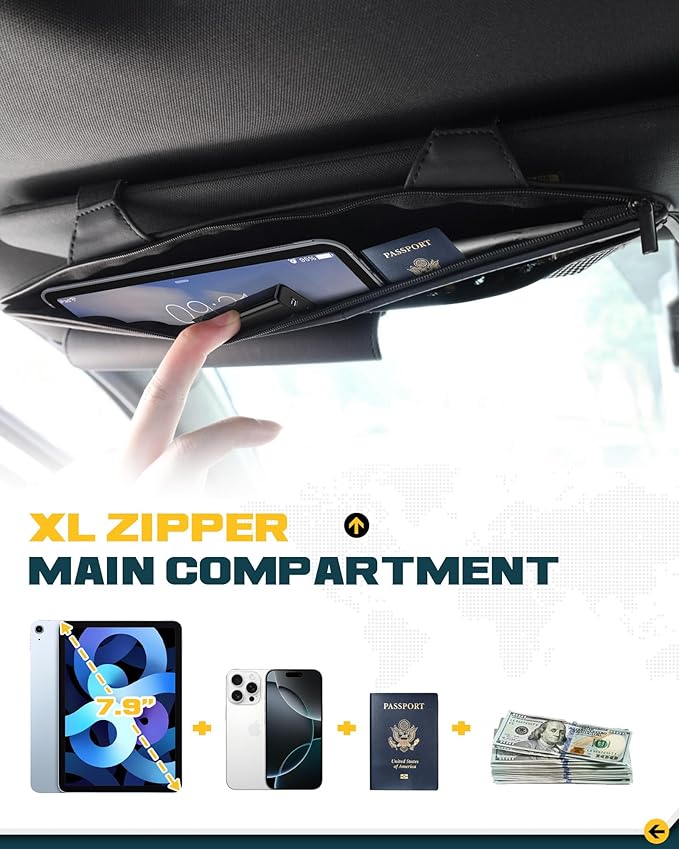 Trumgeta Car Sun Visor Organizer Premium Leather Storage Bag with Magnetic Sunglass Pocket, Extra-Large Zippered Compartment & Anti-Slip Mesh Pocket Sun Visor Organizer for Trucks, SUVs & Cars